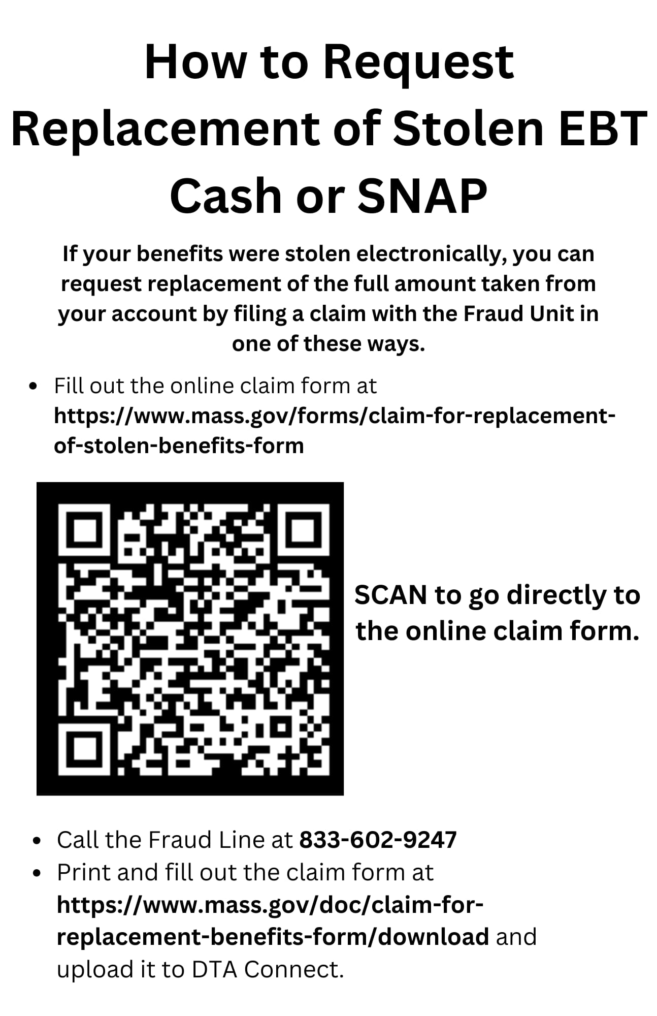 Infographic explaining how to submit a claim for stolen benefits to Mass DTA, including a QR code that goes directly to the online benefits claim form